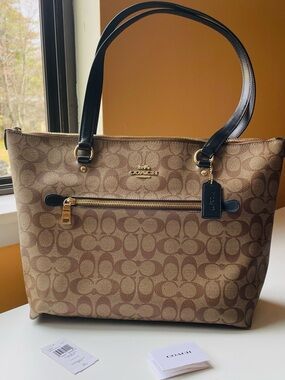 Coach Brown Logo Tote Bag with Black Interior and Gold Zipper